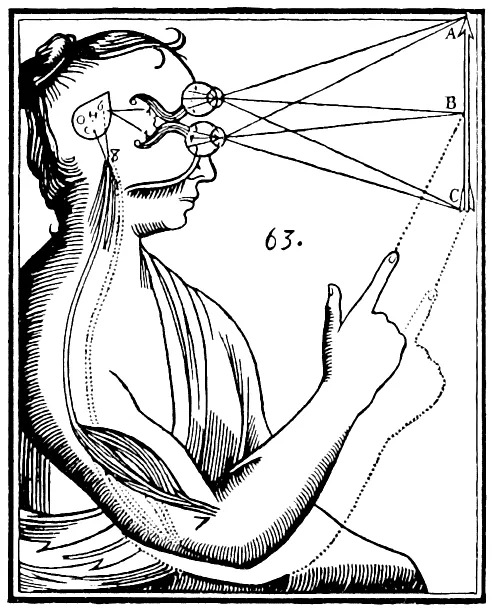 René Descartes' drawing of vision in the Treatise of Man, 1664: the optic nerves run from the eyes to the pineal gland
