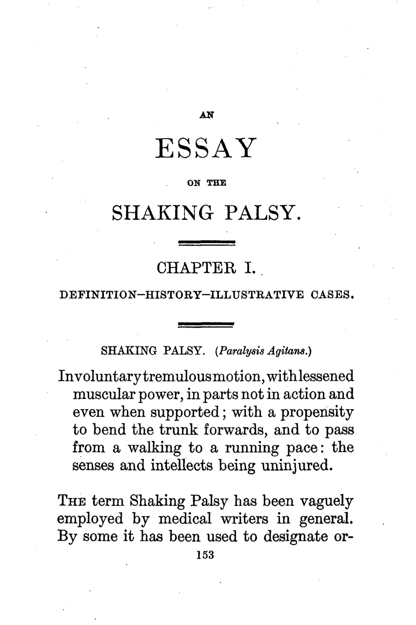 The opening of James Parkinson's An Essay on the Shaking Palsy, London, 1817, with his definition of the disease