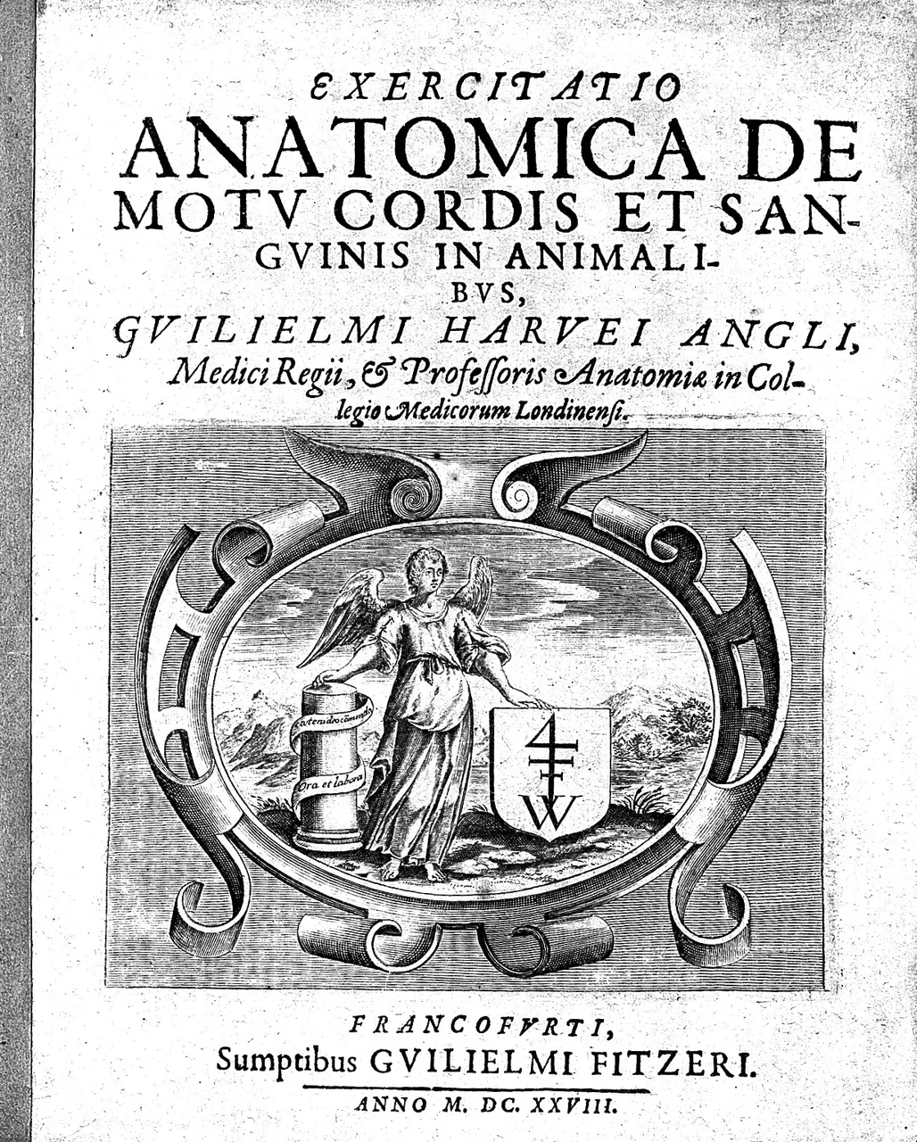 Title page of William Harvey's Exercitatio anatomica de motu cordis et sanguinis in animalibus, Frankfurt, 1628