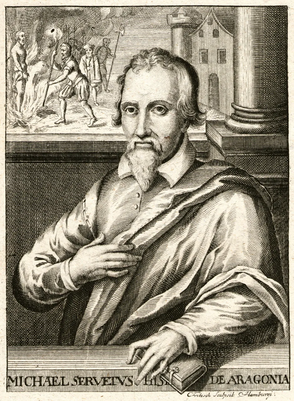 Michael Servetus, engraving by Christian Fritzsch, about 1740, with his burning at Geneva in 1553 behind him