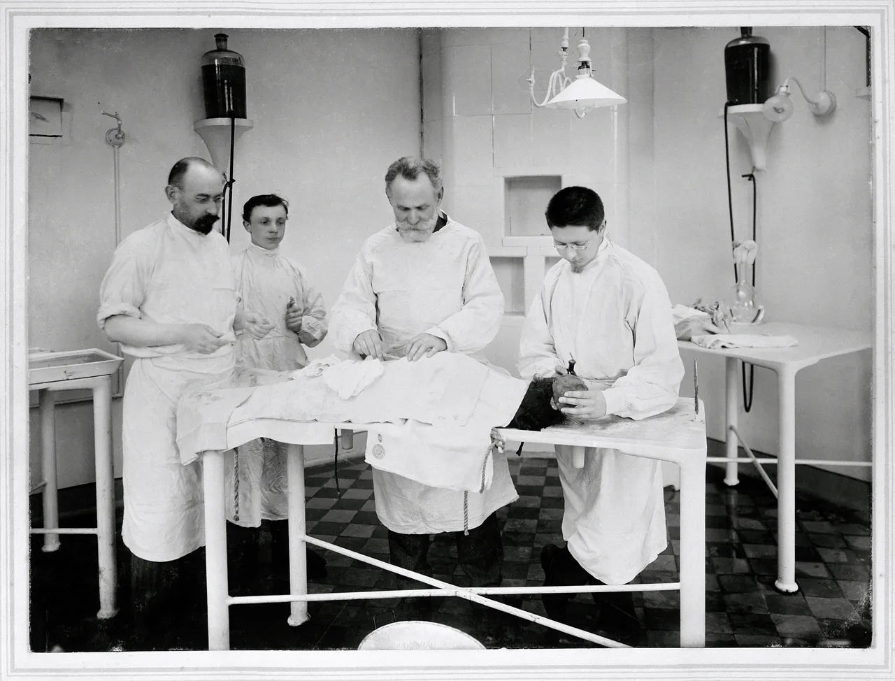 Ivan Pavlov, third from left, and colleagues operating on a dog at the Imperial Institute of Experimental Medicine, St Petersburg